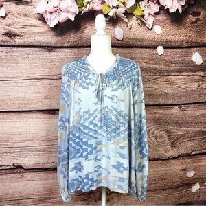 Knox Rose Women’s Rayon Blue Shirred Frill Trim Boho Abstract Geo Print Flared